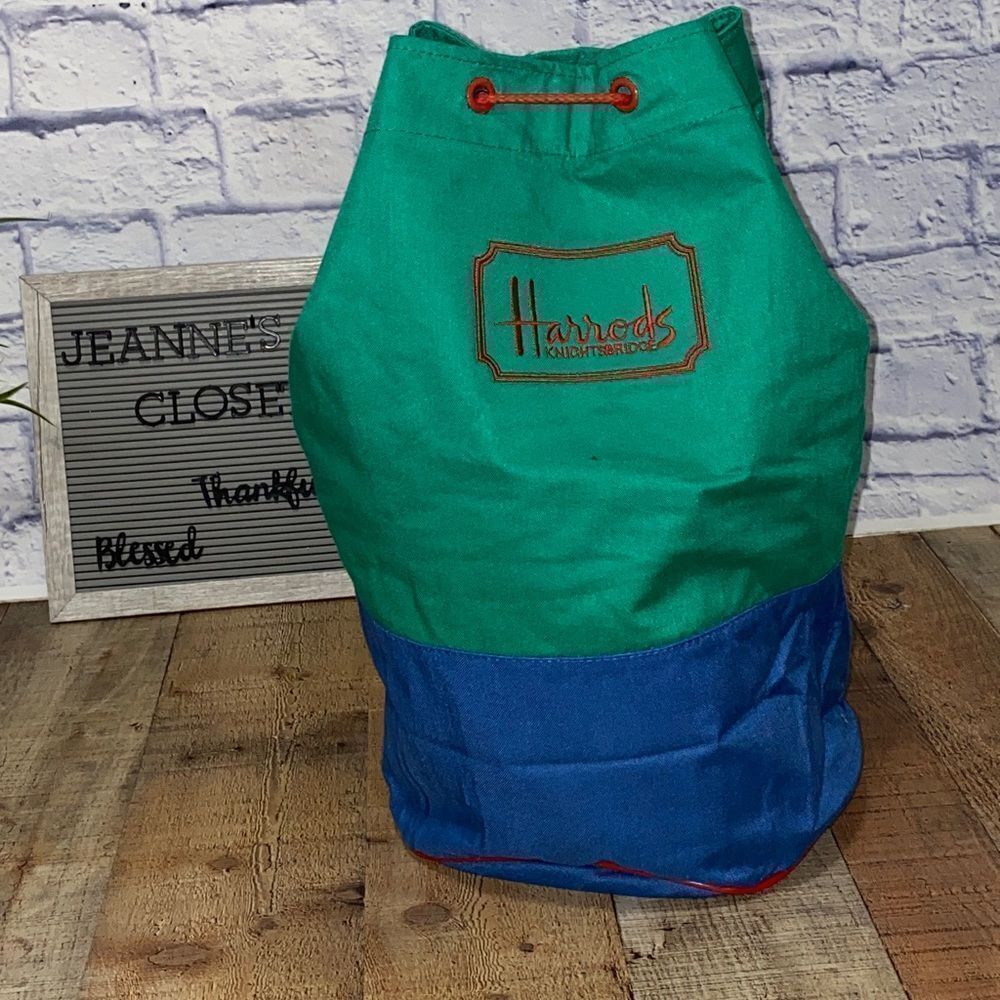 Harrods Knightsbridge Dark Colorblock Embroidered Bag Duffle Backpack Drawstring
